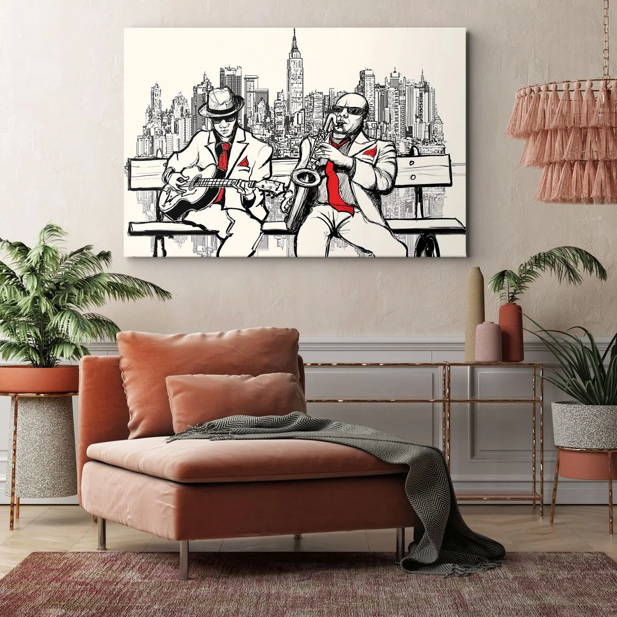 Obraz na płótnie - Jazzowy duet z saksofonem i gitarą na tle miasta - 70x50cm - Nowojorska improwizacja - Nowoczesna dekoracja ścienna do salonu i sypialni ARTTOR