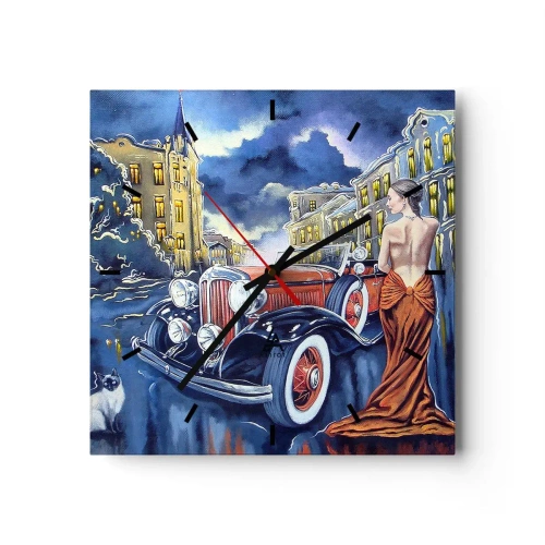 Zegar ścienny - Kobieta w eleganckiej sukni przy retro samochodzie nocą - 30x30cm - Nokturn w błękicie i koralu - Nowoczesna dekoracja ścienna do salonu i sypialni ARTTOR