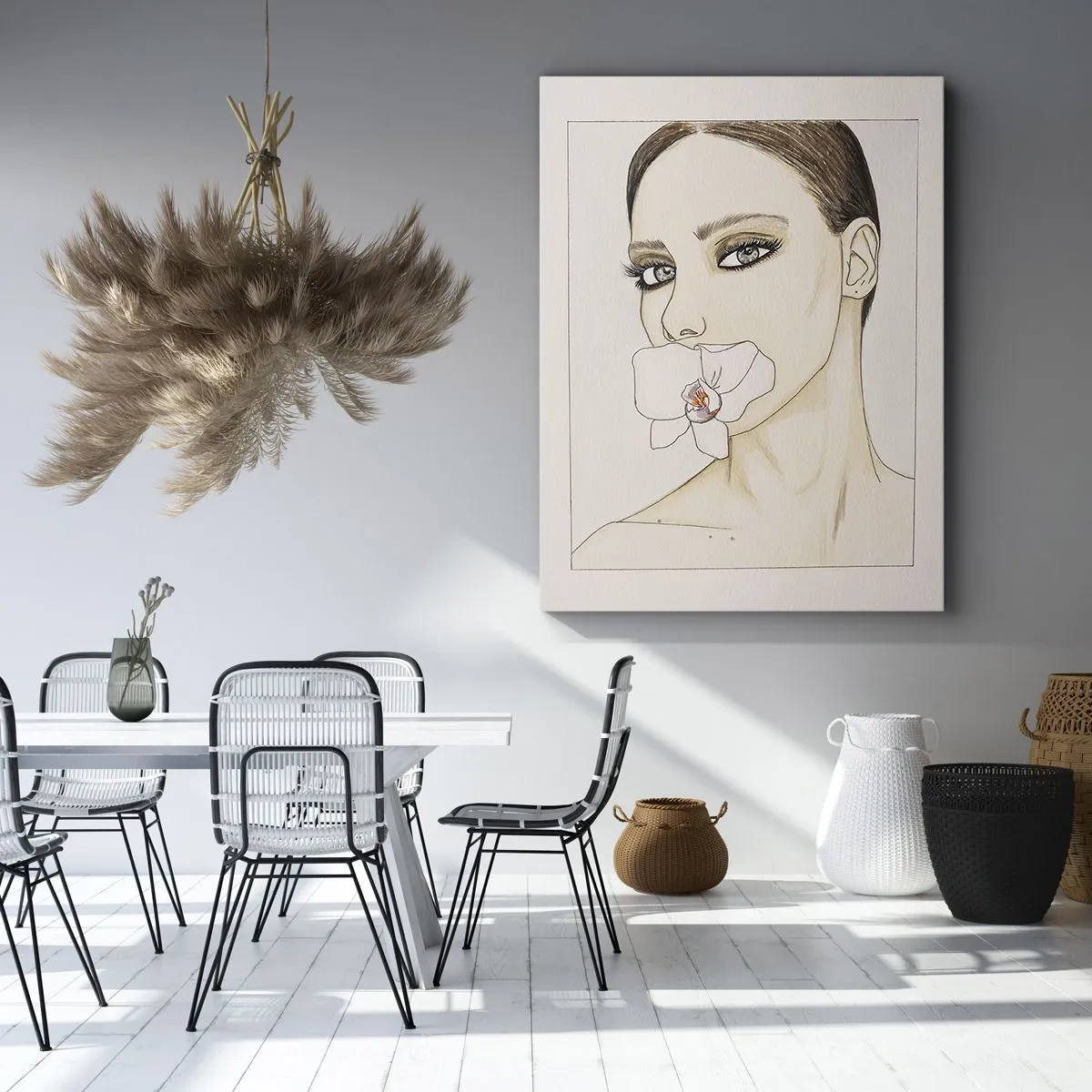 Obraz na płótnie - Portret kobiety z białym orchideą w ustach, styl ilustracyjny - 50x70cm - Symbol elegancji i piękna - Nowoczesna dekoracja ścienna do salonu, kuchni i sypialni ARTTOR