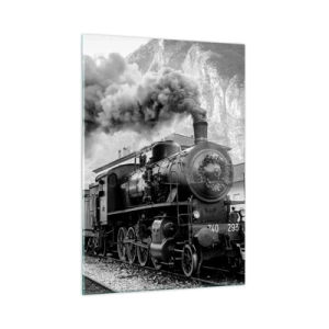 Obraz na szkle - Stary pociąg parowy w górskim krajobrazie - 50x70cm - Stoi na stacji… - Nowoczesna dekoracja ścienna do salonu, kuchni i sypialni ARTTOR