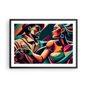 Plakat w czarnej ramie - Stylizowana para tańcząca w żywych, geometrycznych barwach - 70x50cm - W rytmie serca - Nowoczesna dekoracja ścienna do salonu i sypialni ARTTOR