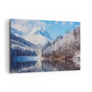 Obraz na płótnie - Zimowy krajobraz górski z ośnieżonymi drzewami i jeziorem - 100x70cm - Śnieżna straż - Nowoczesna dekoracja ścienna do salonu, kuchni i sypialni ARTTOR