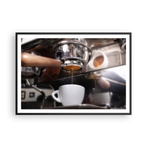 Plakat w czarnej ramie - Zbliżenie na ekspres do kawy przygotowujący świeże espresso - 100x70cm - Dobra chwila dnia - Nowoczesna dekoracja ścienna do salonu i sypialni ARTTOR