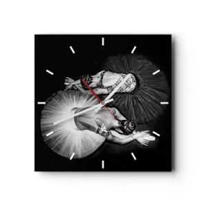 Zegar ścienny - Czarno-biały obraz dwóch baletnic w dynamicznej pozie - 30x30cm - Jin i jang – idealna równowaga - Nowoczesna dekoracja ścienna do salonu i sypialni ARTTOR