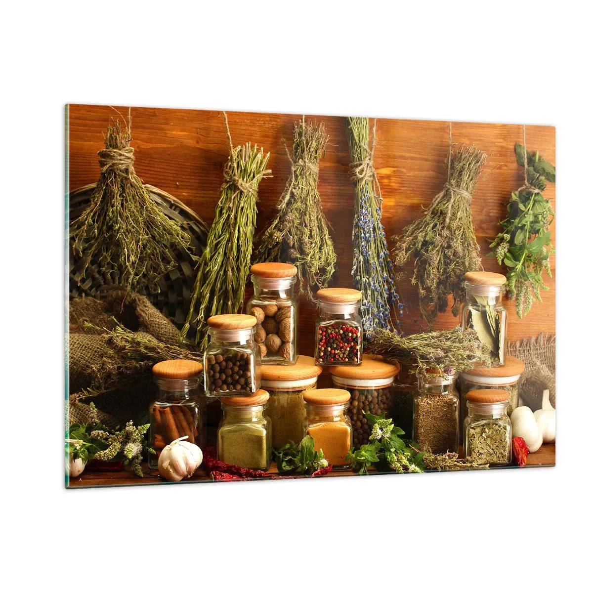 Obraz na szkle - Zioła i przyprawy w słoikach na drewnianym tle - 120x80cm - Kuchenne czary - Nowoczesna dekoracja ścienna do salonu, kuchni i sypialni ARTTOR