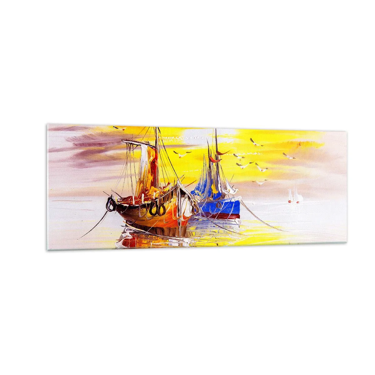 Obraz na szkle - Malarska scena z łodziami na spokojnym morzu - 140x50cm - Zasłużony odpoczynek w porcie - Nowoczesna dekoracja ścienna do salonu i sypialni ARTTOR