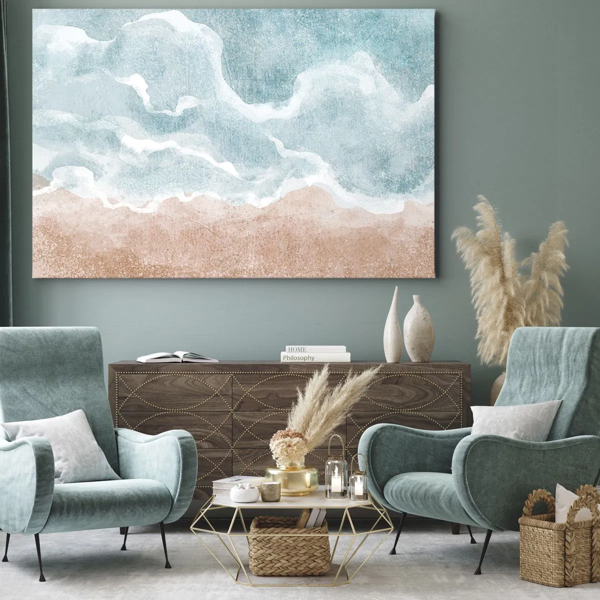 Obraz na płótnie - Abstrakcyjna plaża z falami w odcieniach błękitu i beżu - 70x50cm - Abstrakcja obłoczna - Nowoczesna dekoracja ścienna do salonu i sypialni ARTTOR