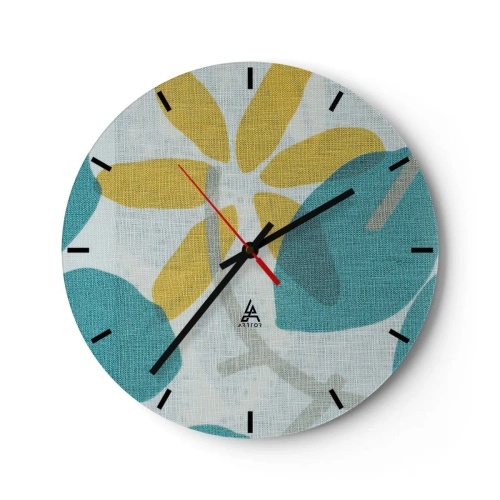 Zegar ścienny - Żółte i turkusowe liście na jasnym tle o lnianej fakturze - 30x30cm - Wśród lazurowych liści - Nowoczesna dekoracja ścienna do salonu, kuchni i sypialni ARTTOR