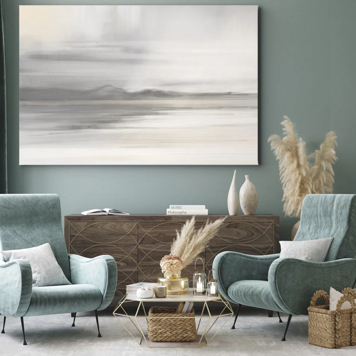 Obraz na płótnie - Subtelny pejzaż w odcieniach szarości i beżu - 70x50cm - Zamyślona dal - Nowoczesna dekoracja ścienna do salonu i sypialni ARTTOR