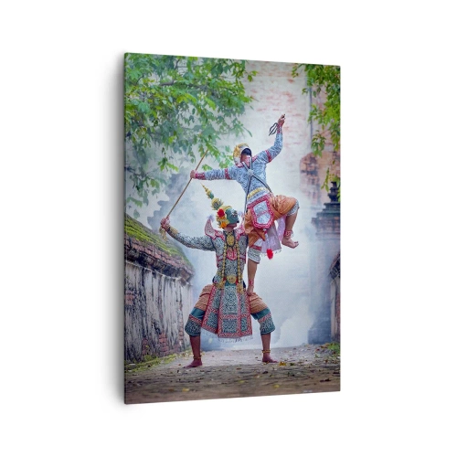 Obraz na płótnie - Tradycyjny taniec w historycznej scenerii z murem i drzewami - 70x100cm - Taniec zabójczo piękny - Nowoczesna dekoracja ścienna do salonu i sypialni ARTTOR