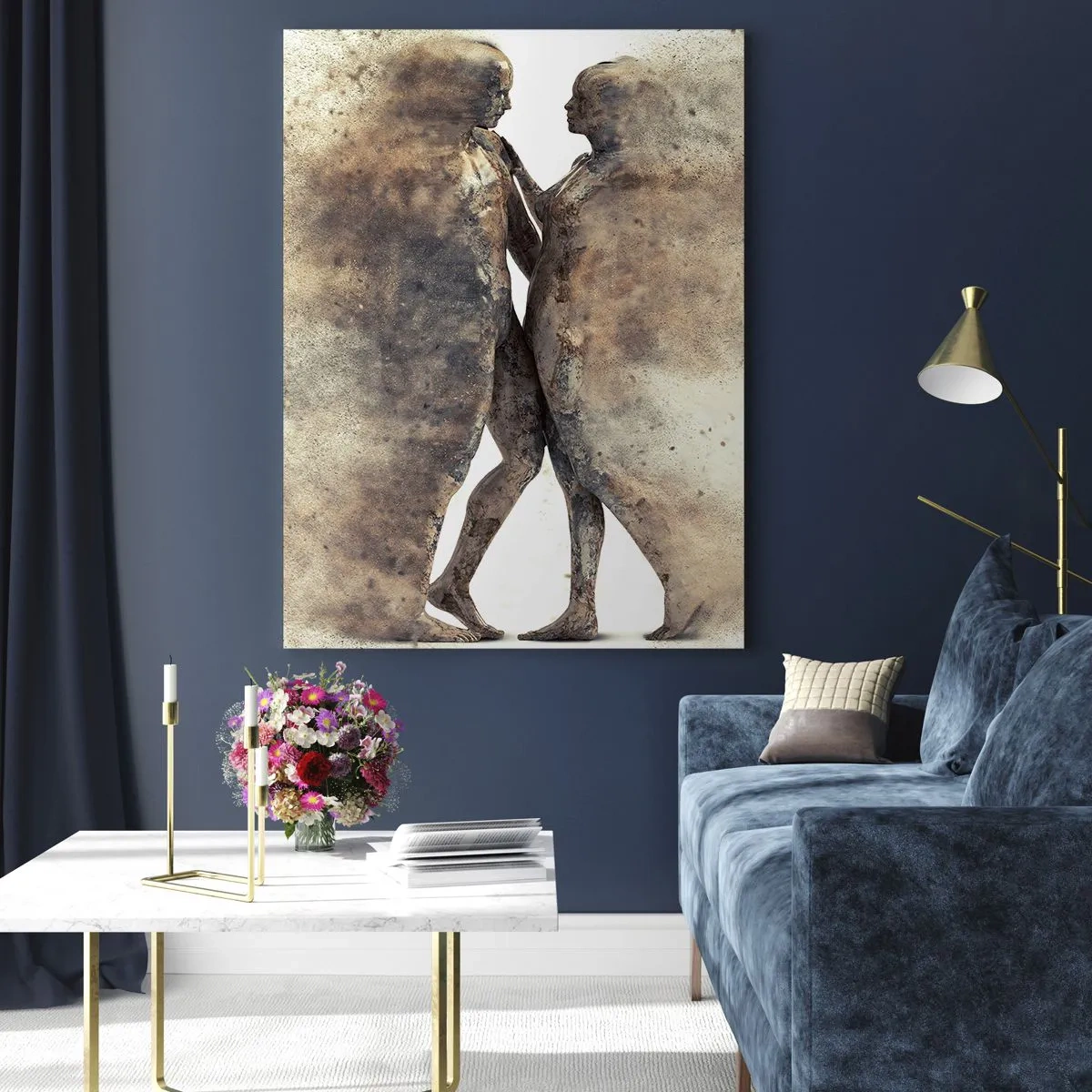 Obraz na szkle - Abstrakcyjne sylwetki dwóch postaci w pyłowym stylu - 50x70cm - Z prochu powstali, by kochać - Nowoczesna dekoracja ścienna do salonu, kuchni i sypialni ARTTOR