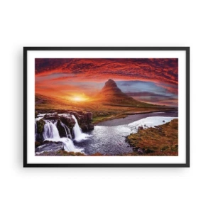 Plakat w czarnej ramie - Górska sceneria z wodospadem o zachodzie słońca - 70x50cm - Widok Śródziemia - Nowoczesna dekoracja ścienna do salonu i sypialni ARTTOR