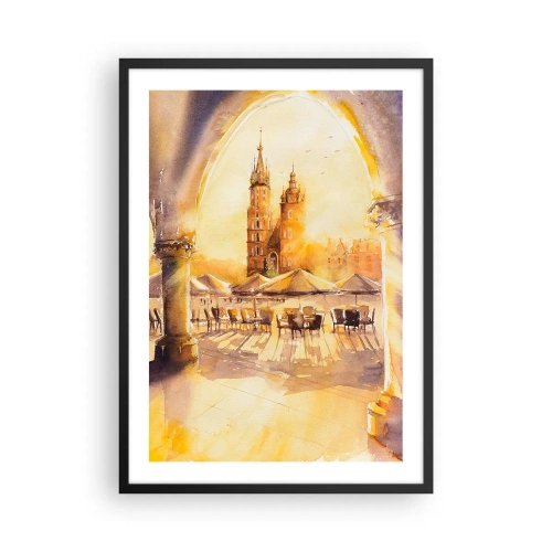 Plakat w czarnej ramie - Akwarela przedstawiająca krakowski rynek o zachodzie słońca - 50x70cm - Wschód nad krakowskim rynkiem - Nowoczesna dekoracja ścienna do salonu i sypialni ARTTOR