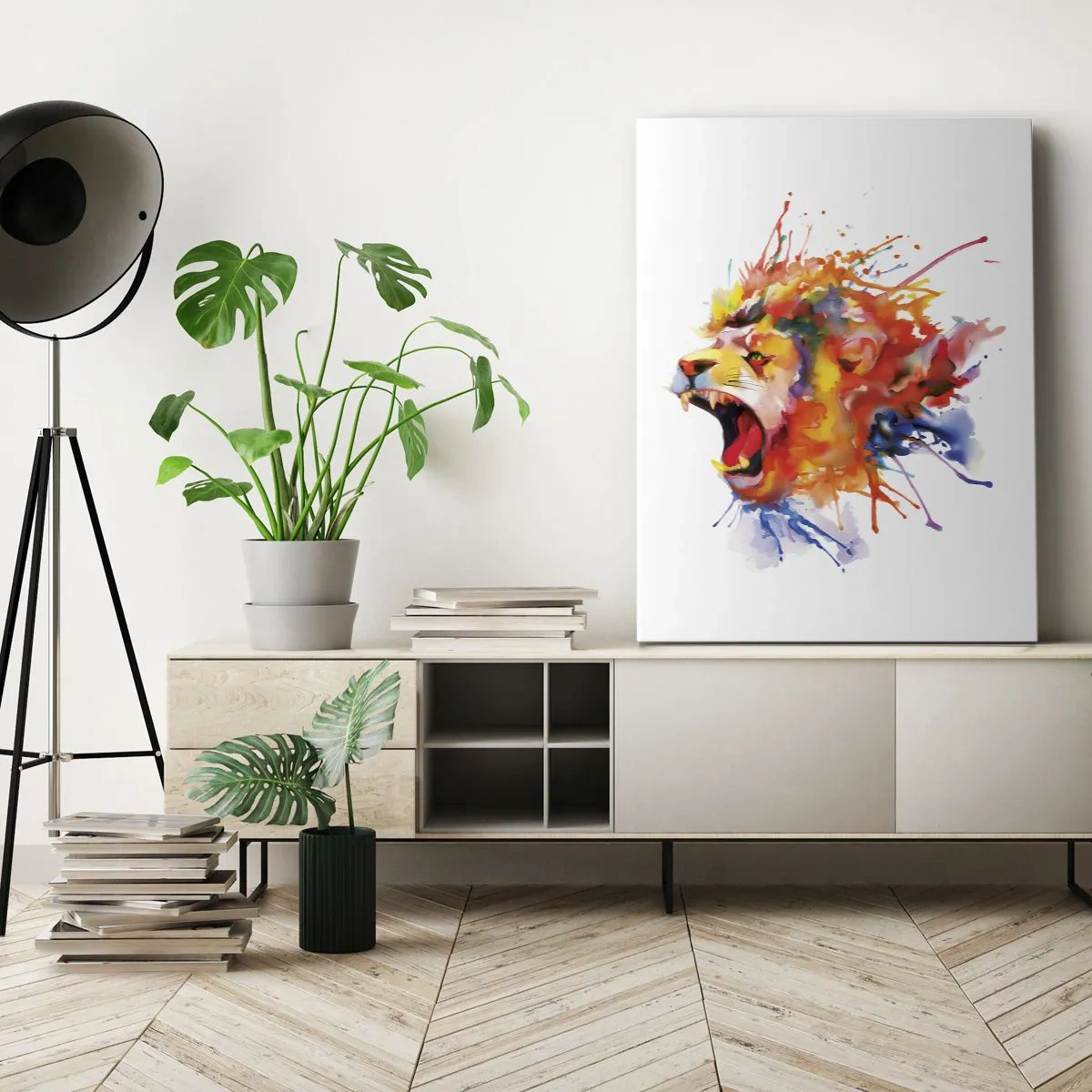 Obraz na płótnie - Kolorowy lew w dynamicznej akwareli - 50x70cm - Wybuchnąć gniewem - Nowoczesna dekoracja ścienna do salonu, kuchni i sypialni ARTTOR
