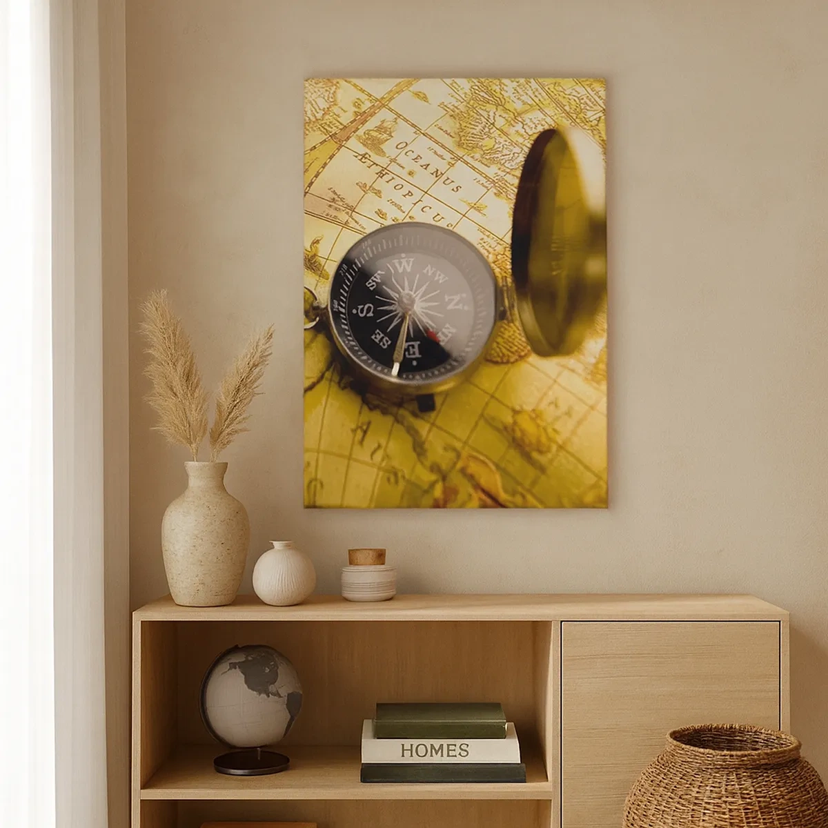Obraz na płótnie - Kompas na tle mapy w złocistych odcieniach - 50x70cm - A może na kraniec świata? - Nowoczesna dekoracja ścienna do salonu, kuchni i sypialni ARTTOR