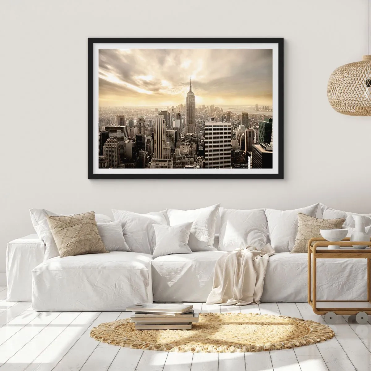Plakat w czarnej ramie - Panorama miasta z widokiem na Empire State Building - 100x70cm - Nowy Jork utkany z szarości - Nowoczesna dekoracja ścienna do salonu i sypialni ARTTOR