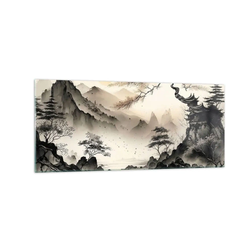 Obraz na szkle - Orientalny krajobraz z górami i pagodą w delikatnych odcieniach - 120x50cm - Niepowtarzalny urok orientu - Nowoczesna dekoracja ścienna do salonu i sypialni ARTTOR