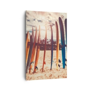 Obraz na płótnie - Deski surfingowe na plaży o zachodzie słońca - 80x120cm - Dobranoc, do jutra - Nowoczesna dekoracja ścienna do salonu i sypialni ARTTOR