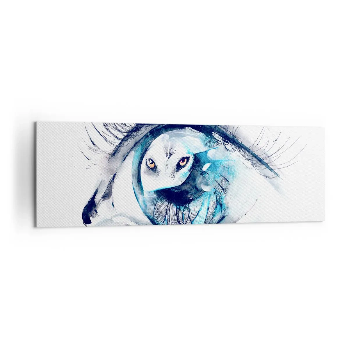 Obraz na płótnie - Oko z wizerunkiem sowy w akwarelowych odcieniach niebieskiego - 160x50cm - Oko w oko z dzikością - Nowoczesna dekoracja ścienna do salonu i sypialni ARTTOR