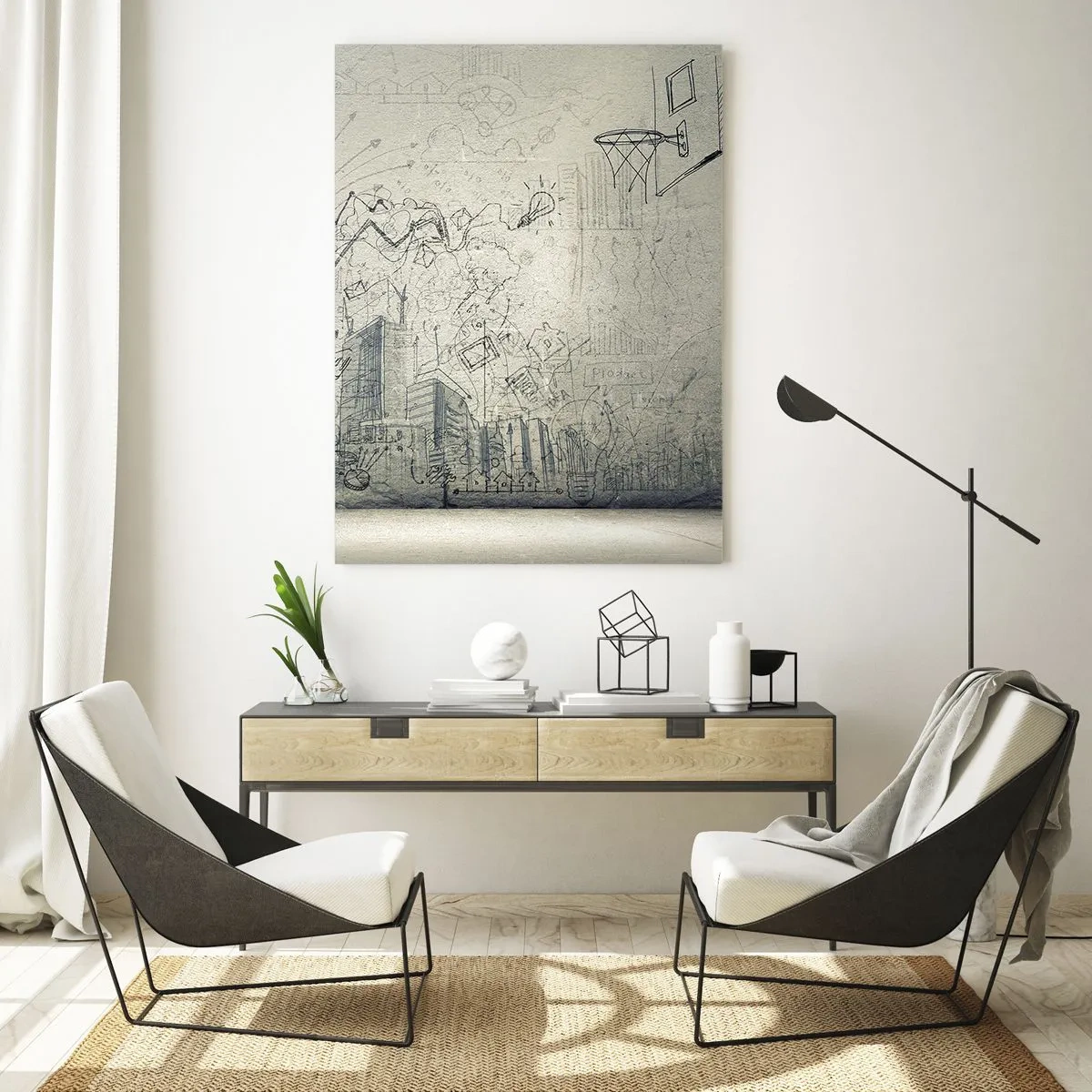 Obraz na szkle - Szkic graficzny z elementami biznesowymi i kreatywnymi - 50x70cm - Moje wspaniałe miejskie życie - Nowoczesna dekoracja ścienna do salonu, kuchni i sypialni ARTTOR