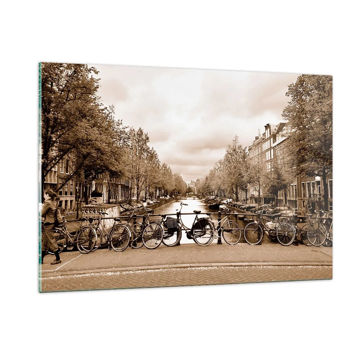 Obraz na szkle - Most w Amsterdamie z rowerami w stylu retro - 120x80cm - Holenderskie klimaty - Nowoczesna dekoracja ścienna do salonu, kuchni i sypialni ARTTOR