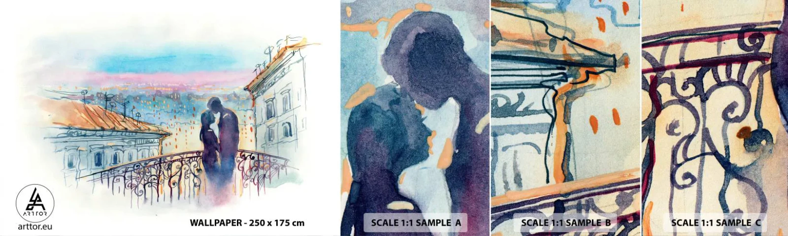 Fototapeta Próbka Samoprzylepna Deluxe Sticker - Paryscy kochankowie - Architektura, Miasto, Para Zakochanych - 100x30 cm