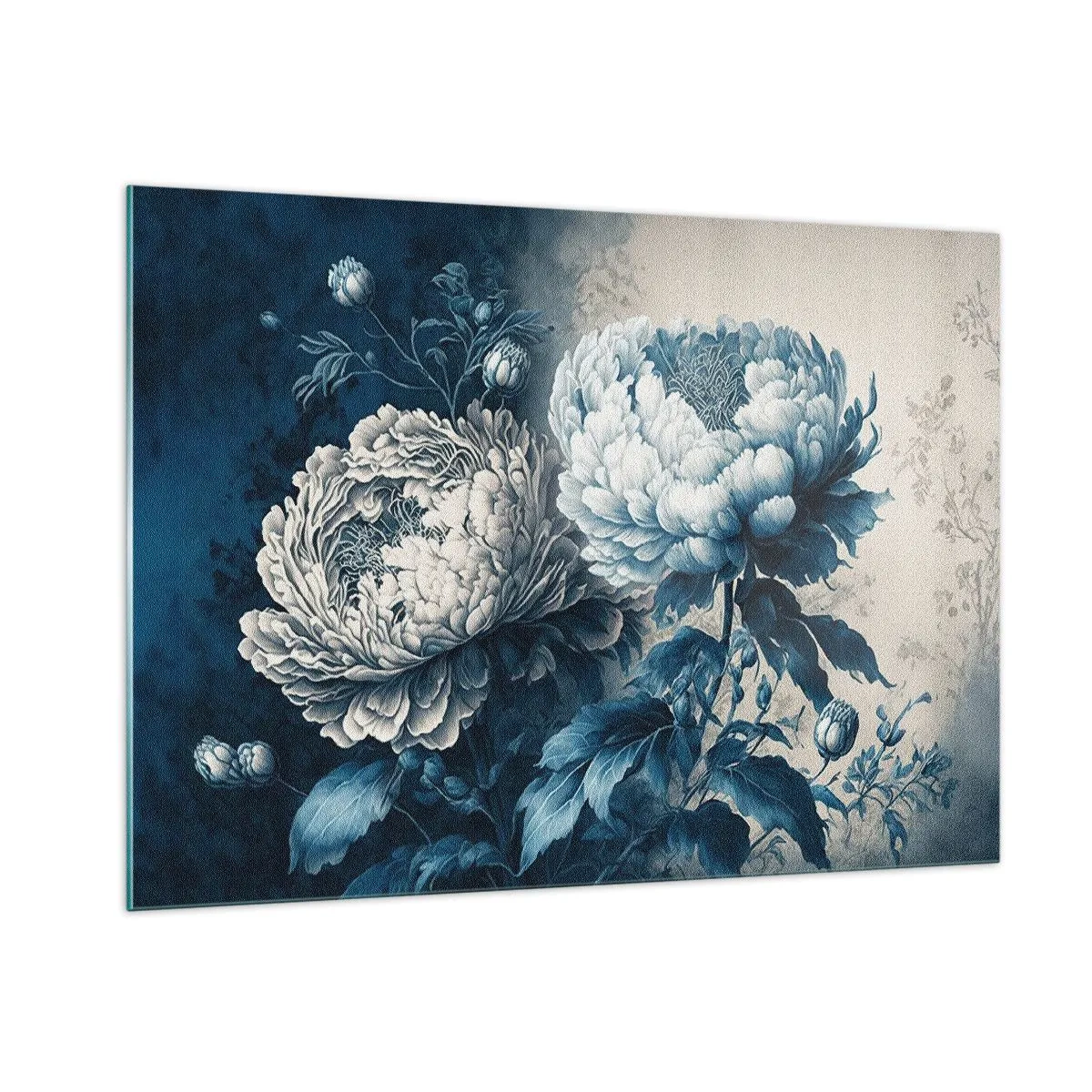 Obraz na szkle - Dwukolorowe piwonie w odcieniach błękitu i beżu na tle vintage - 100x70cm - Dobrana para - Nowoczesna dekoracja ścienna do salonu, kuchni i sypialni ARTTOR