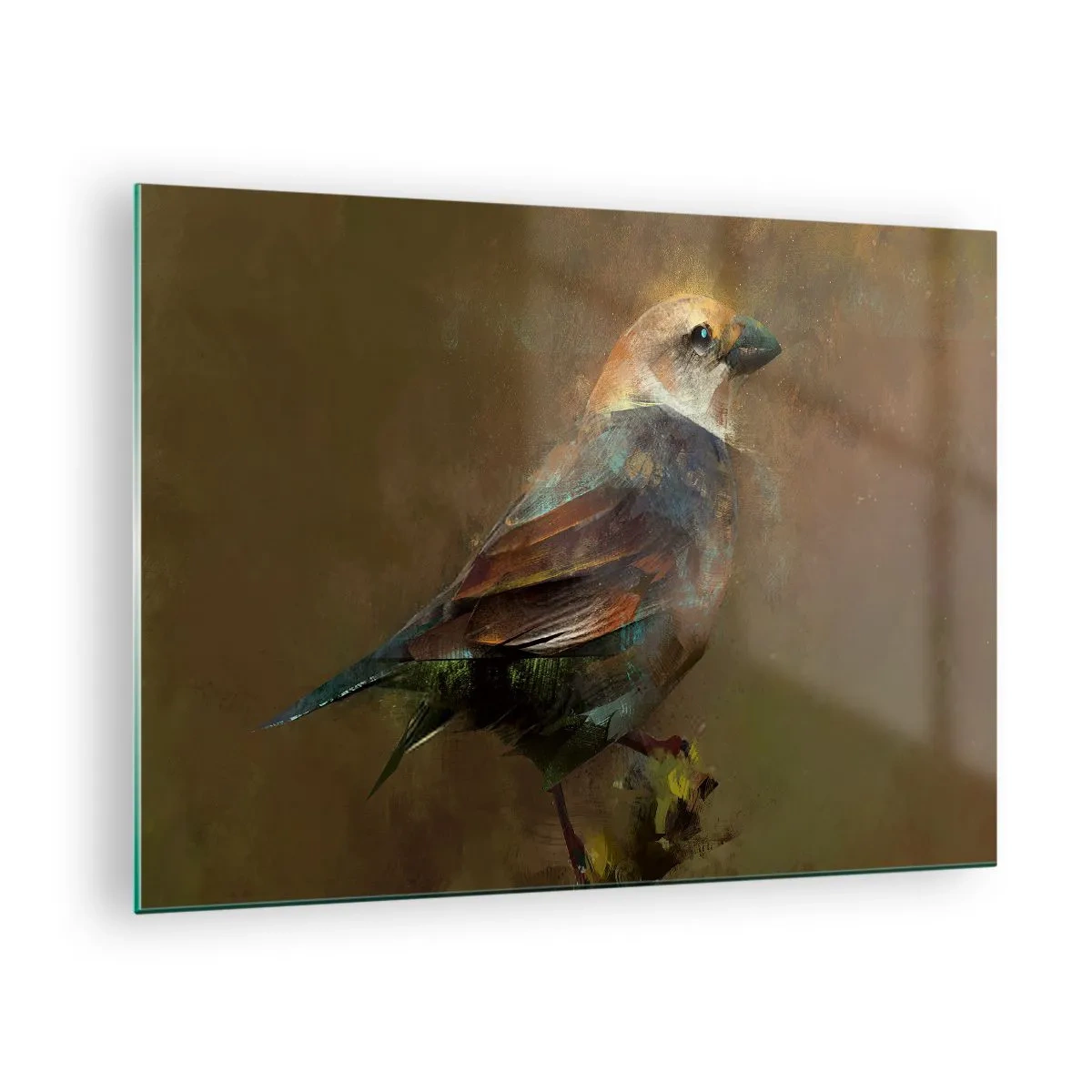 Obraz na szkle - Wróbel w artystycznym malarskim stylu na neutralnym tle - 70x50cm - Wróbelek, ptaszyna niewielka - Nowoczesna dekoracja ścienna do salonu i sypialni ARTTOR