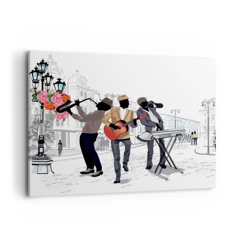Obraz na płótnie - Uliczni muzycy grający na tle miejskiego krajobrazu - 100x70cm - Muzyka ulicy - Nowoczesna dekoracja ścienna do salonu, kuchni i sypialni ARTTOR