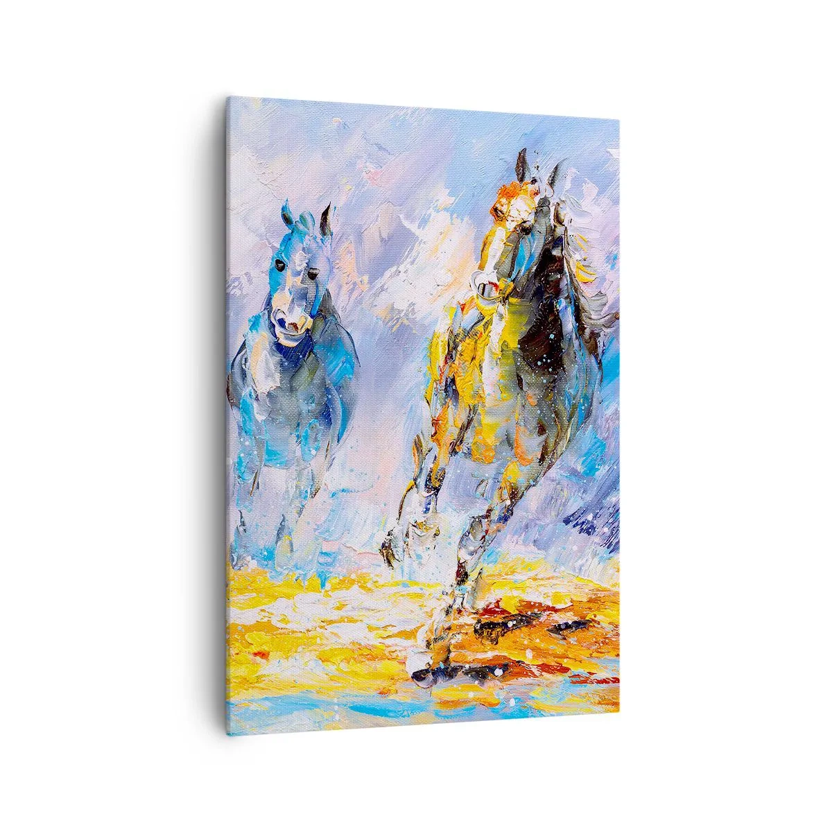 Obraz na płótnie - Dwa konie w ruchu na tle abstrakcyjnego pejzażu - 70x100cm - Galopem przez blask - Nowoczesna dekoracja ścienna do salonu i sypialni ARTTOR