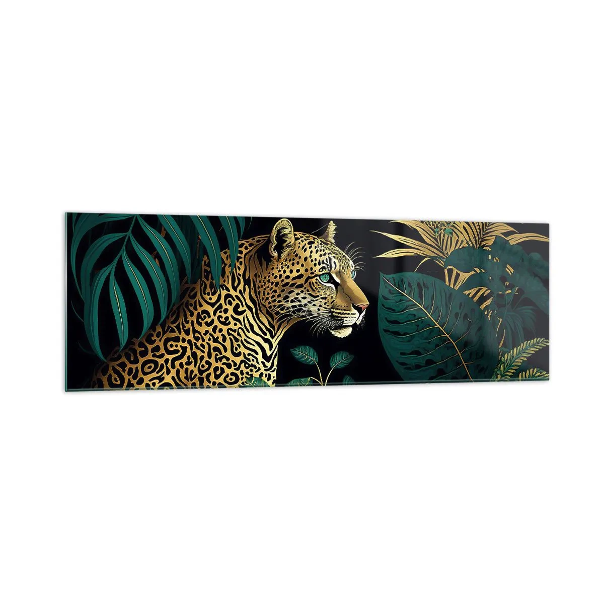 Obraz na szkle - Leopard w tropikalnych liściach na czarnym tle - 160x50cm - Gospodarz w dżungli - Nowoczesna dekoracja ścienna do salonu i sypialni ARTTOR