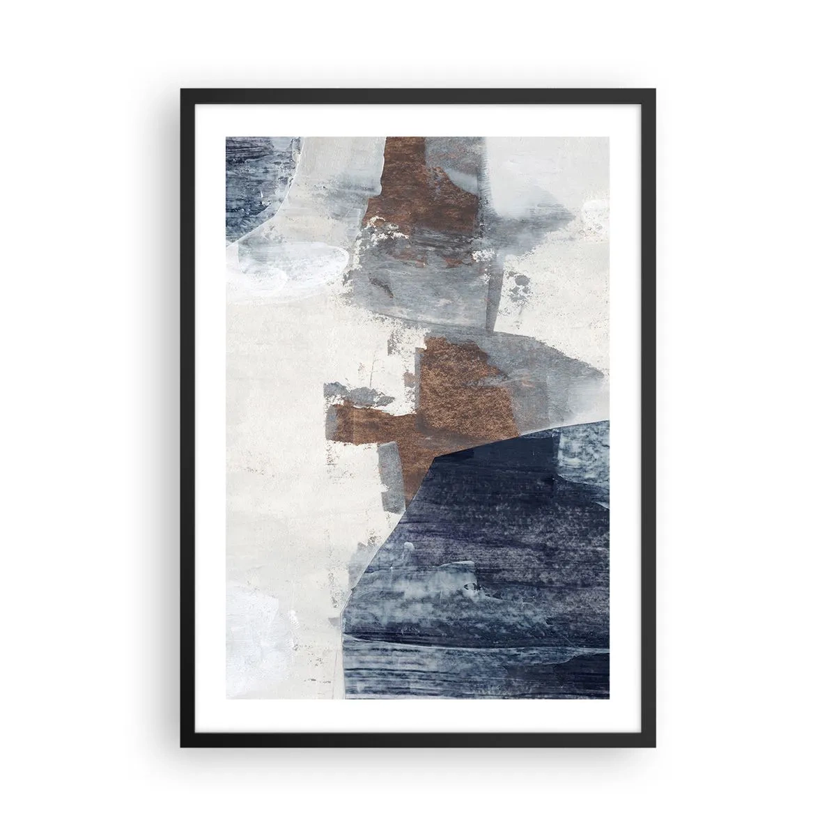 Plakat w czarnej ramie - Nowoczesna abstrakcja w odcieniach brązu i granatu - 50x70cm - Błękitno-brunatne kształty - Nowoczesna dekoracja ścienna do salonu i sypialni ARTTOR