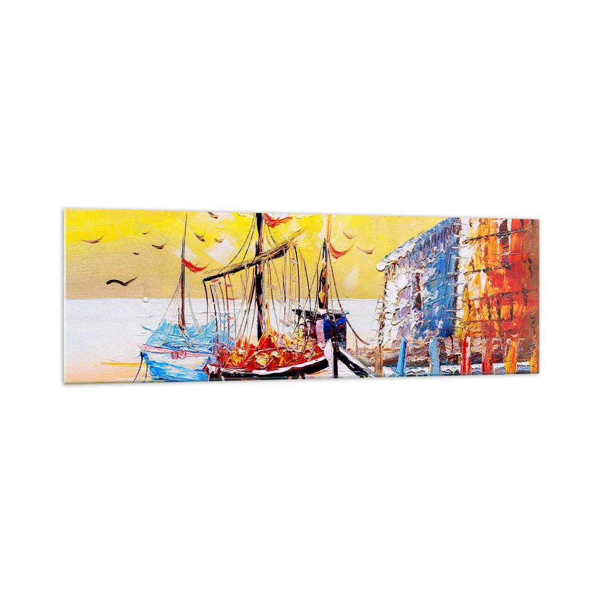 Obraz na szkle - Malowniczy port o zachodzie słońca z łodziami rybackimi - 160x50cm - Szczęśliwy powrót - Nowoczesna dekoracja ścienna do salonu i sypialni ARTTOR