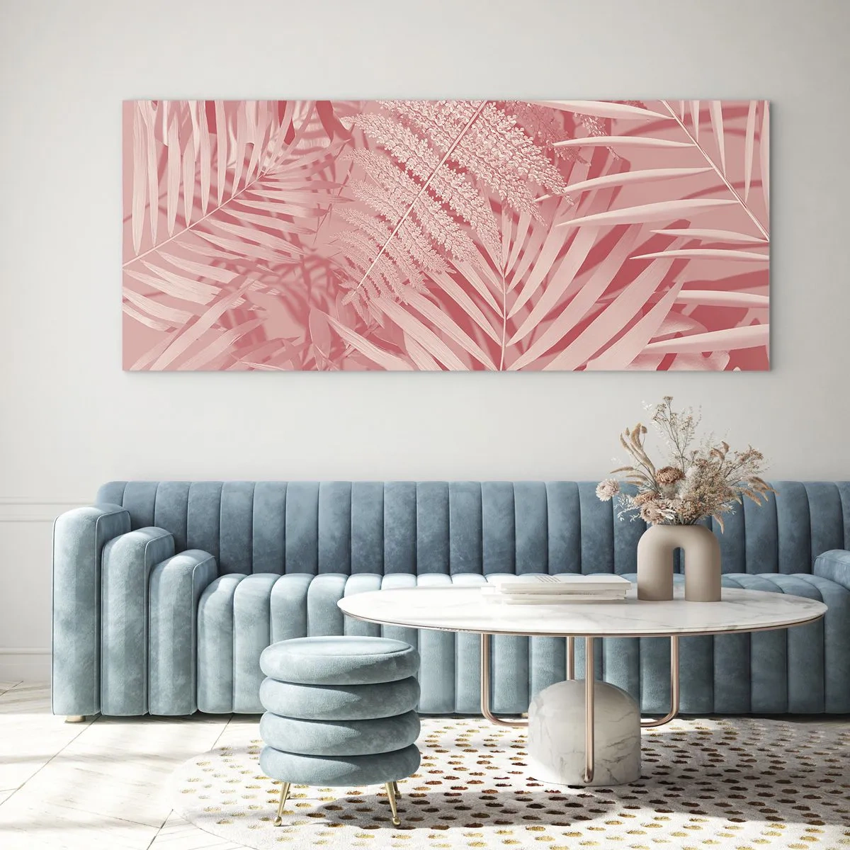 Obraz na szkle - Różowe liście tropikalne w delikatnym i minimalistycznym stylu - 140x50cm - Różowy koncept - Nowoczesna dekoracja ścienna do salonu i sypialni ARTTOR