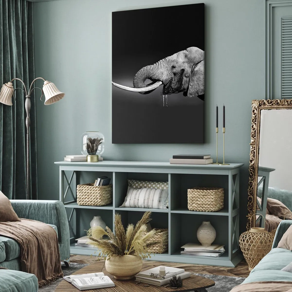Obraz na płótnie - Profil słonia na ciemnym tle - 50x70cm - Tak, teraz dobrze - Nowoczesna dekoracja ścienna do salonu, kuchni i sypialni ARTTOR