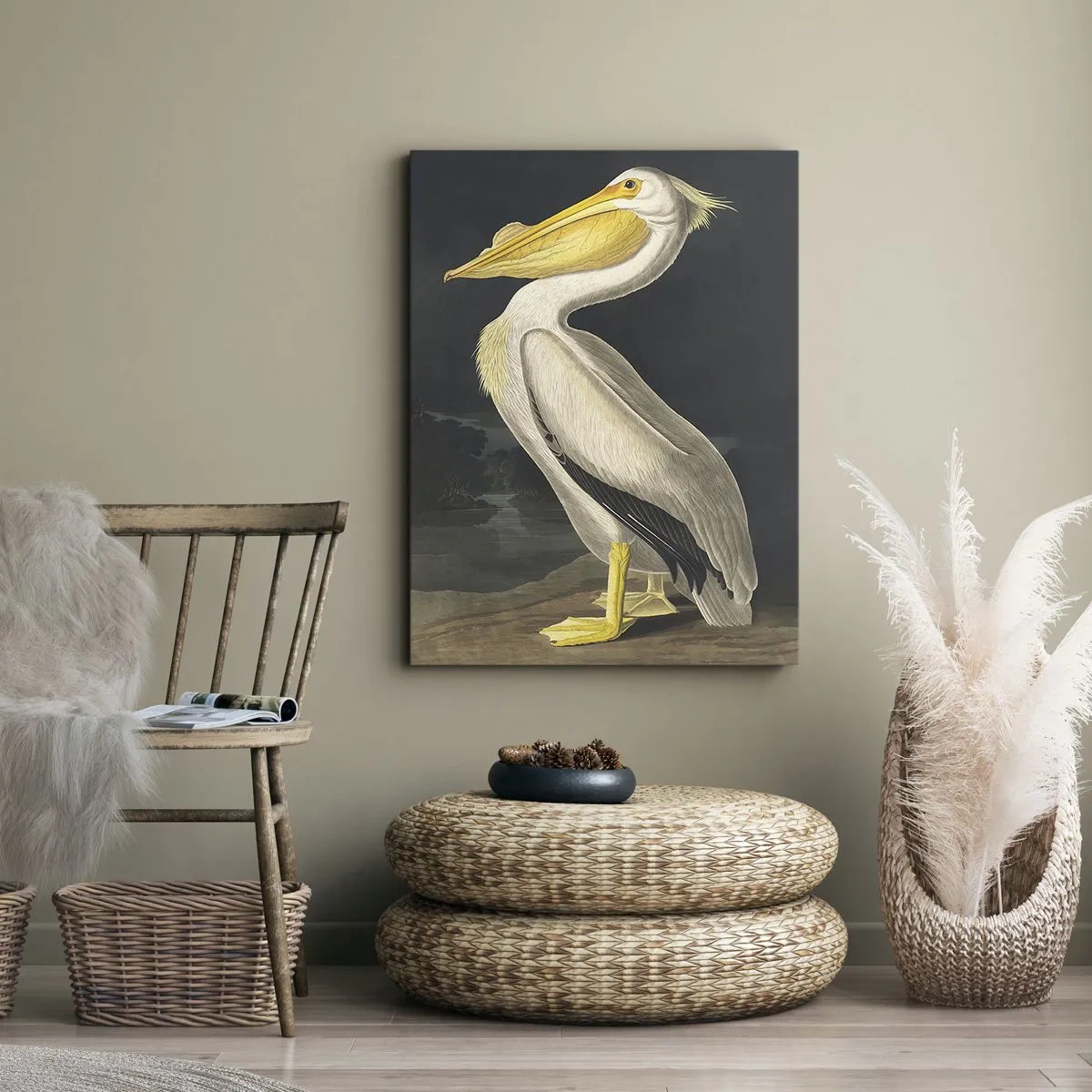 Obraz na płótnie - Pelikan na tle ciemnego krajobrazu - 80x120cm - Pełen dumy - Nowoczesna dekoracja ścienna do salonu i sypialni ARTTOR