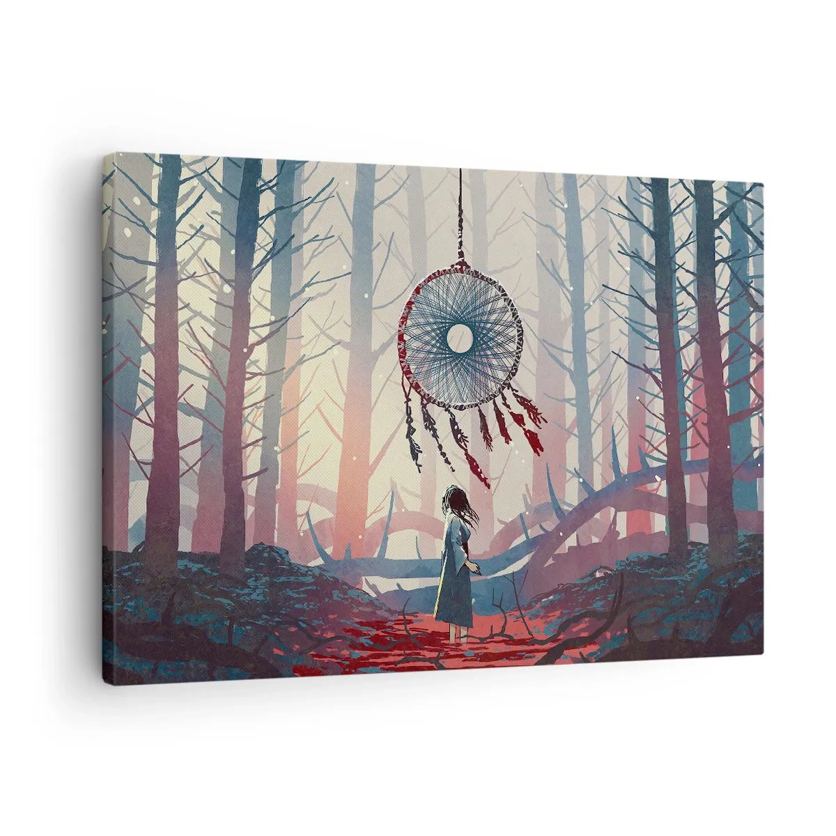 Obraz na płótnie - Leśna scena z wielkim łapaczem snów - 70x50cm - Tajemny rytuał szczęścia - Nowoczesna dekoracja ścienna do salonu i sypialni ARTTOR