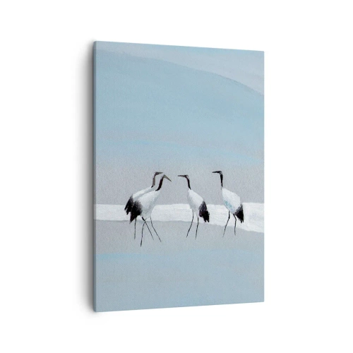 Obraz na płótnie - Trzy żurawie stojące na tle niebieskiego nieba w pastelowych barwach - 50x70cm - Po gorącym dniu - Nowoczesna dekoracja ścienna do salonu, kuchni i sypialni ARTTOR