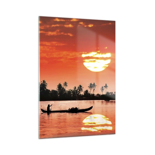 Obraz na szkle - Zachód słońca nad rzeką z palmami i łodzią - 50x70cm - Spokój tropików o zachodzie - Nowoczesna dekoracja ścienna do salonu, kuchni i sypialni ARTTOR