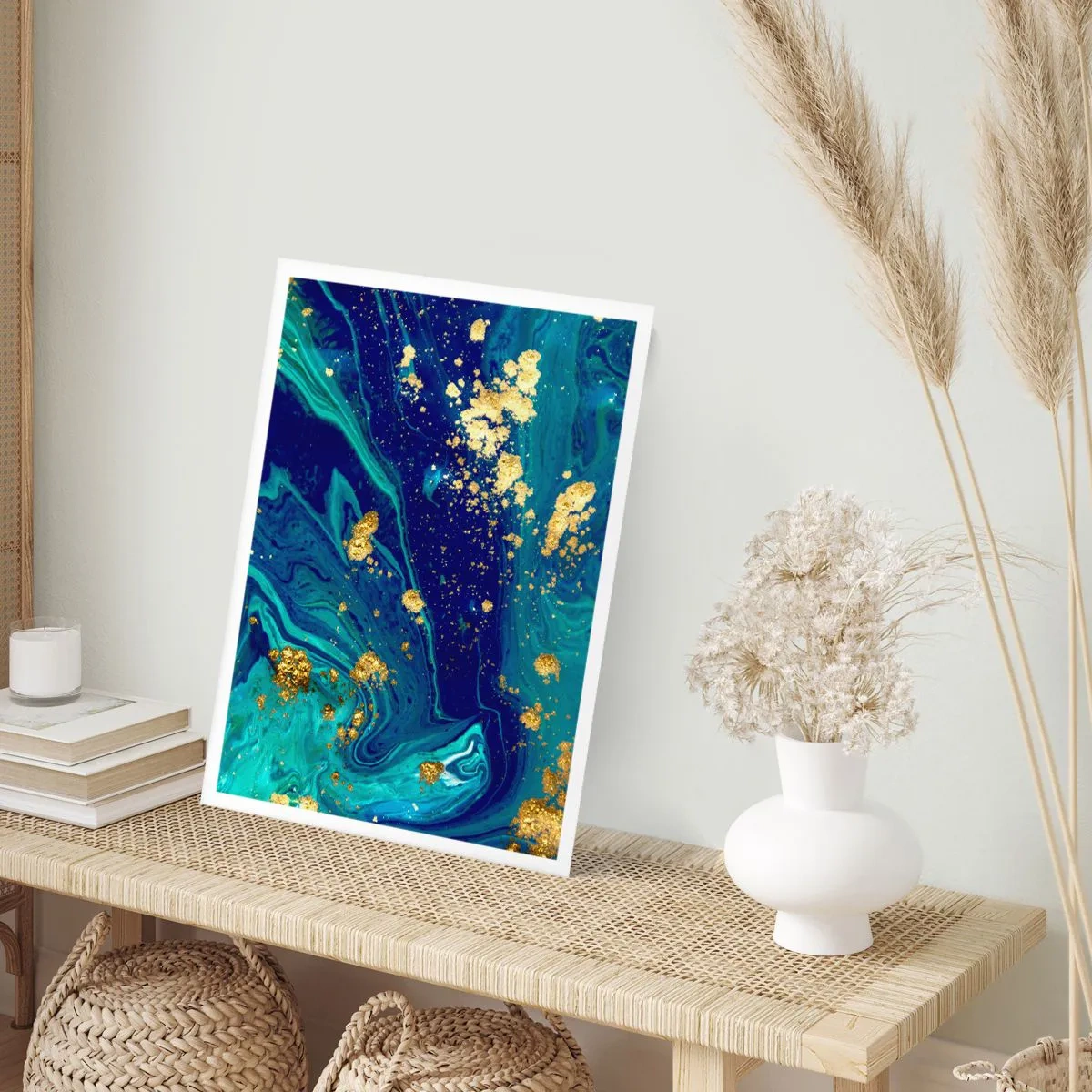 Plakat - Abstrakcyjny wzór w odcieniach niebieskiego i złota - 50x70cm - Płatki słońca - Nowoczesna dekoracja ścienna do salonu, kuchni i sypialni ARTTOR
