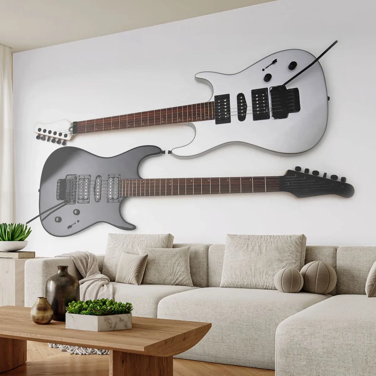 Fototapeta Premium Sand - Czarno-biała gitara elektryczna na białym tle - 100x70cm - Harmonia kształtów - Nowoczesna dekoracja ścienna do salonu, kuchni i sypialni ARTTOR