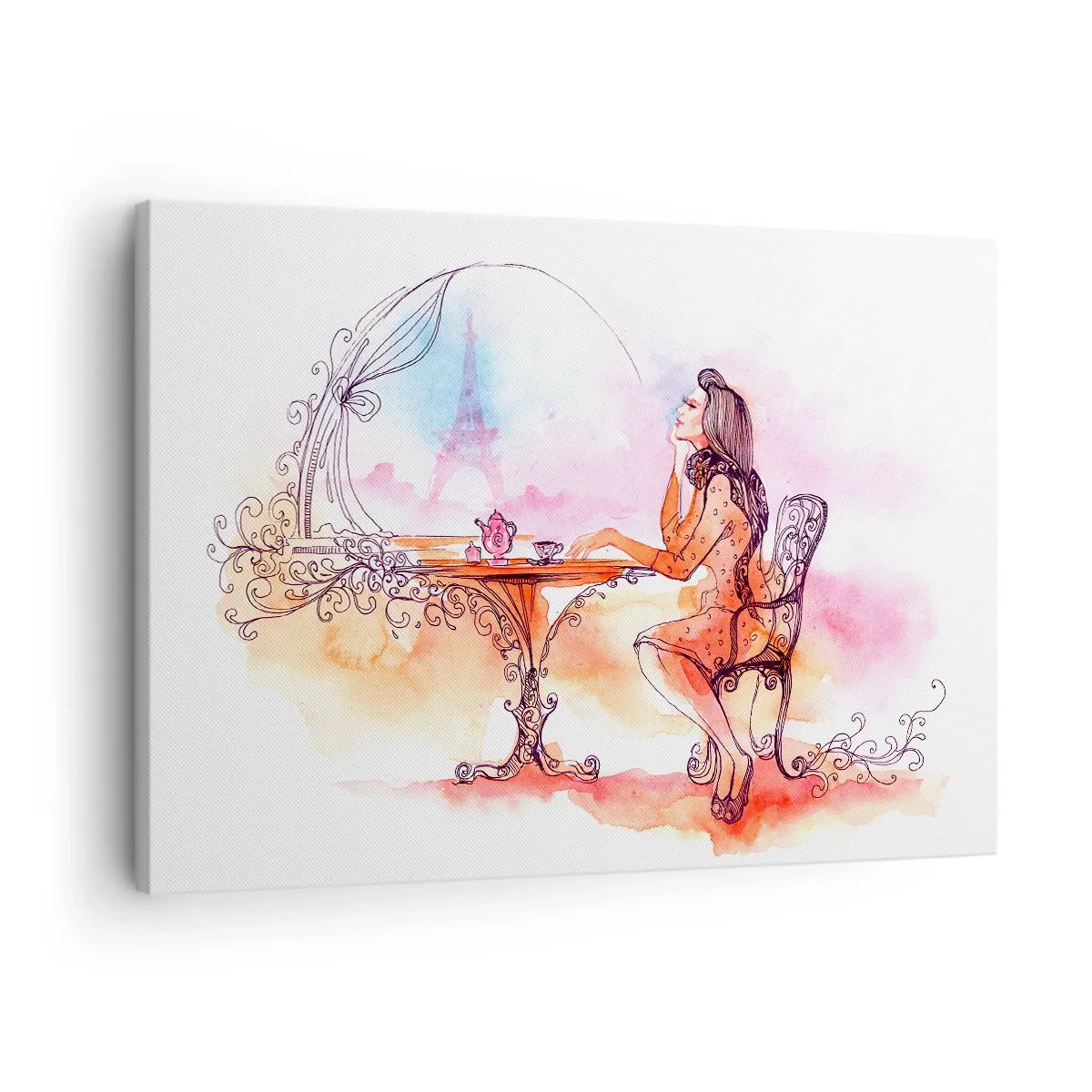 Obraz na płótnie - Romantyczna akwarela kobiety w kawiarni z widokiem na wieżę - 70x50cm - Paryski szyk - Nowoczesna dekoracja ścienna do salonu i sypialni ARTTOR