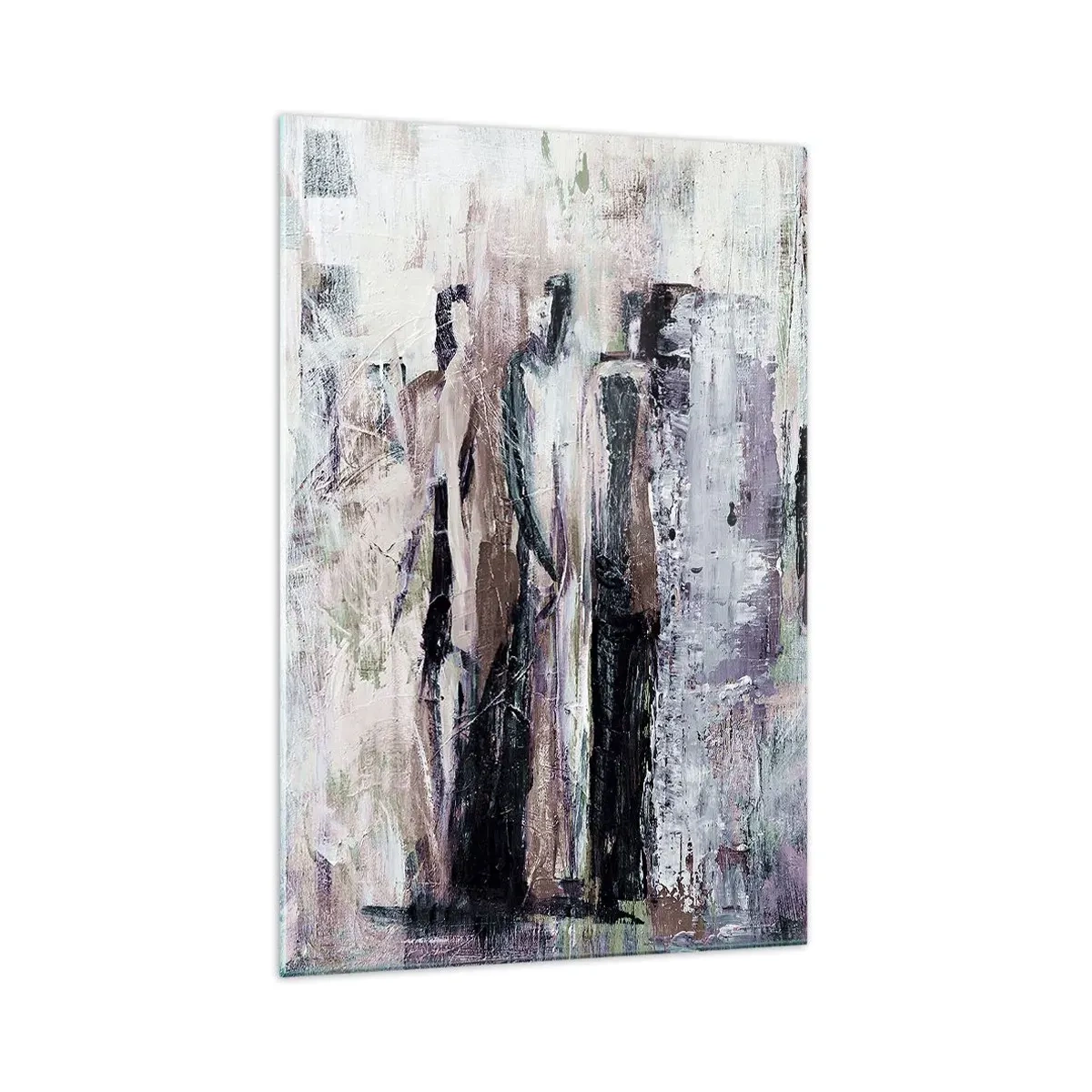 Obraz na szkle - Abstrakcyjna kompozycja z trzema postaciami w pastelowych barwach - 70x100cm - Tajemnicza trójka - Nowoczesna dekoracja ścienna do salonu i sypialni ARTTOR