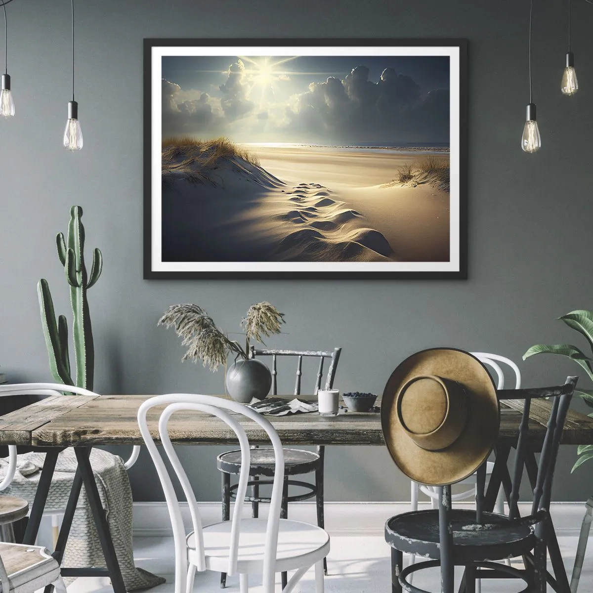 Plakat w czarnej ramie - Złote wydmy na plaży o zachodzie słońca z widokiem na morze - 70x50cm - Kojący pejzaż - Nowoczesna dekoracja ścienna do salonu i sypialni ARTTOR