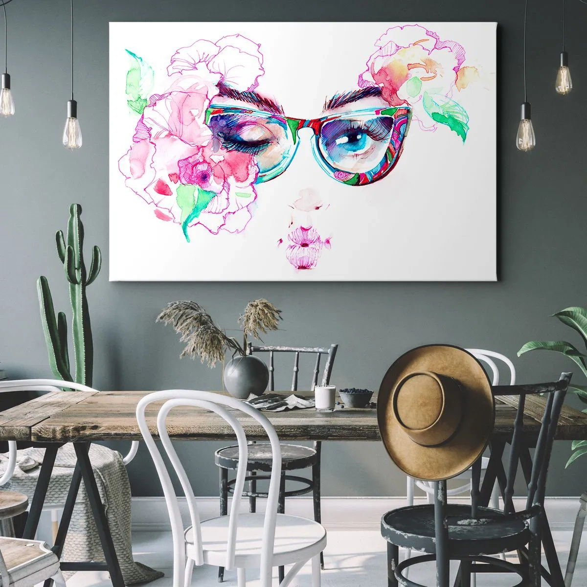 Obraz na płótnie - Akwarelowa twarz z kolorowymi okularami i kwiatami - 100x70cm - Kusząca obietnica - Nowoczesna dekoracja ścienna do salonu, kuchni i sypialni ARTTOR
