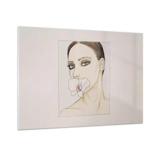Obraz na szkle - Portret kobiety z orchideą w ustach na jasnym tle - 100x70cm - Symbol elegancji i piękna - Nowoczesna dekoracja ścienna do salonu, kuchni i sypialni ARTTOR