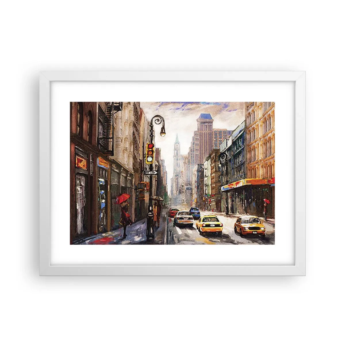Plakat w białej ramie - Nowy Jork – w deszczu tez kolorowy - 40x30 cm