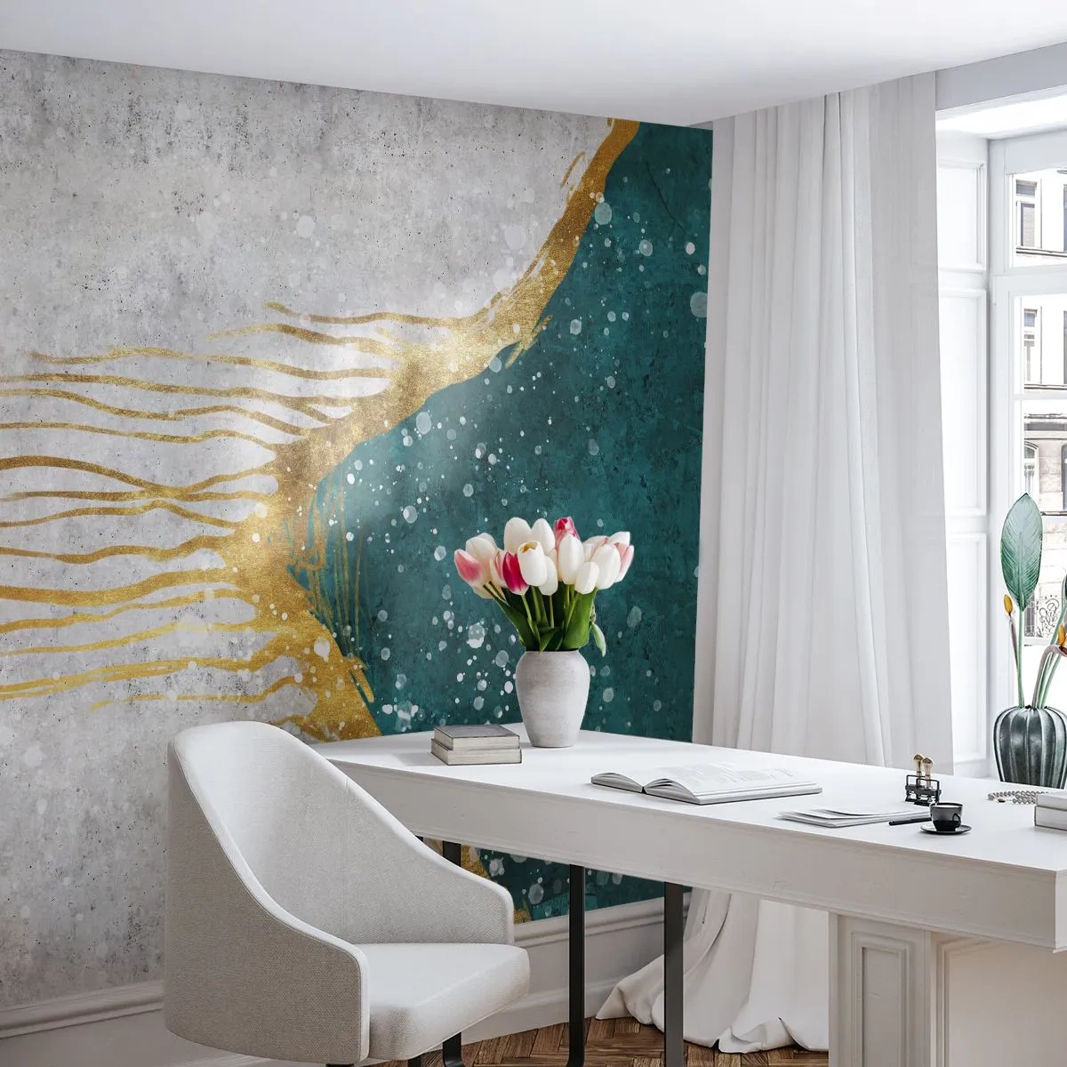 Fototapeta Standard Eco - Abstrakcyjny nurt turkusu i złota na jasnym tle - 100x70cm - Złoty przypływ - Nowoczesna dekoracja ścienna do salonu i sypialni ARTTOR