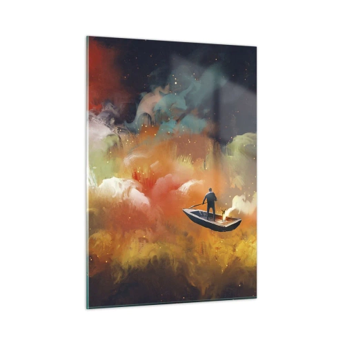 Obraz na szkle - Postać na łodzi unosząca się wśród kolorowych galaktycznych chmur - 50x70cm - Łodzią przez galaktykę - Nowoczesna dekoracja ścienna do salonu, kuchni i sypialni ARTTOR