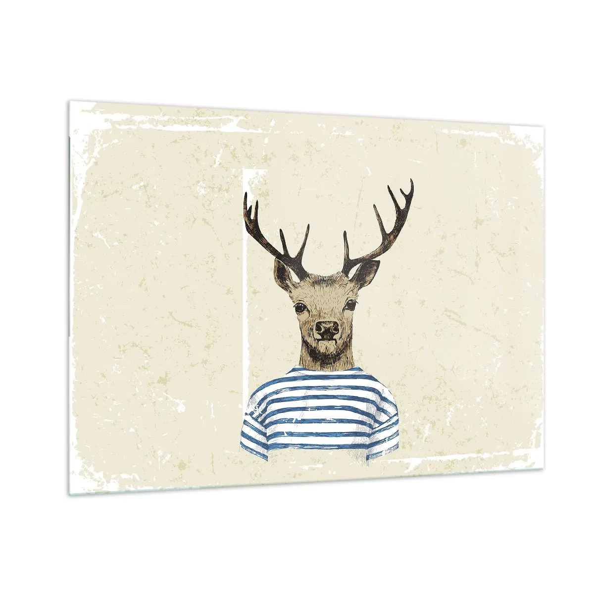 Obraz na szkle - Grafika jelenia w marynarskiej koszulce na jasnym tle - 100x70cm - Bo lubię koszulki w paski! - Nowoczesna dekoracja ścienna do salonu, kuchni i sypialni ARTTOR